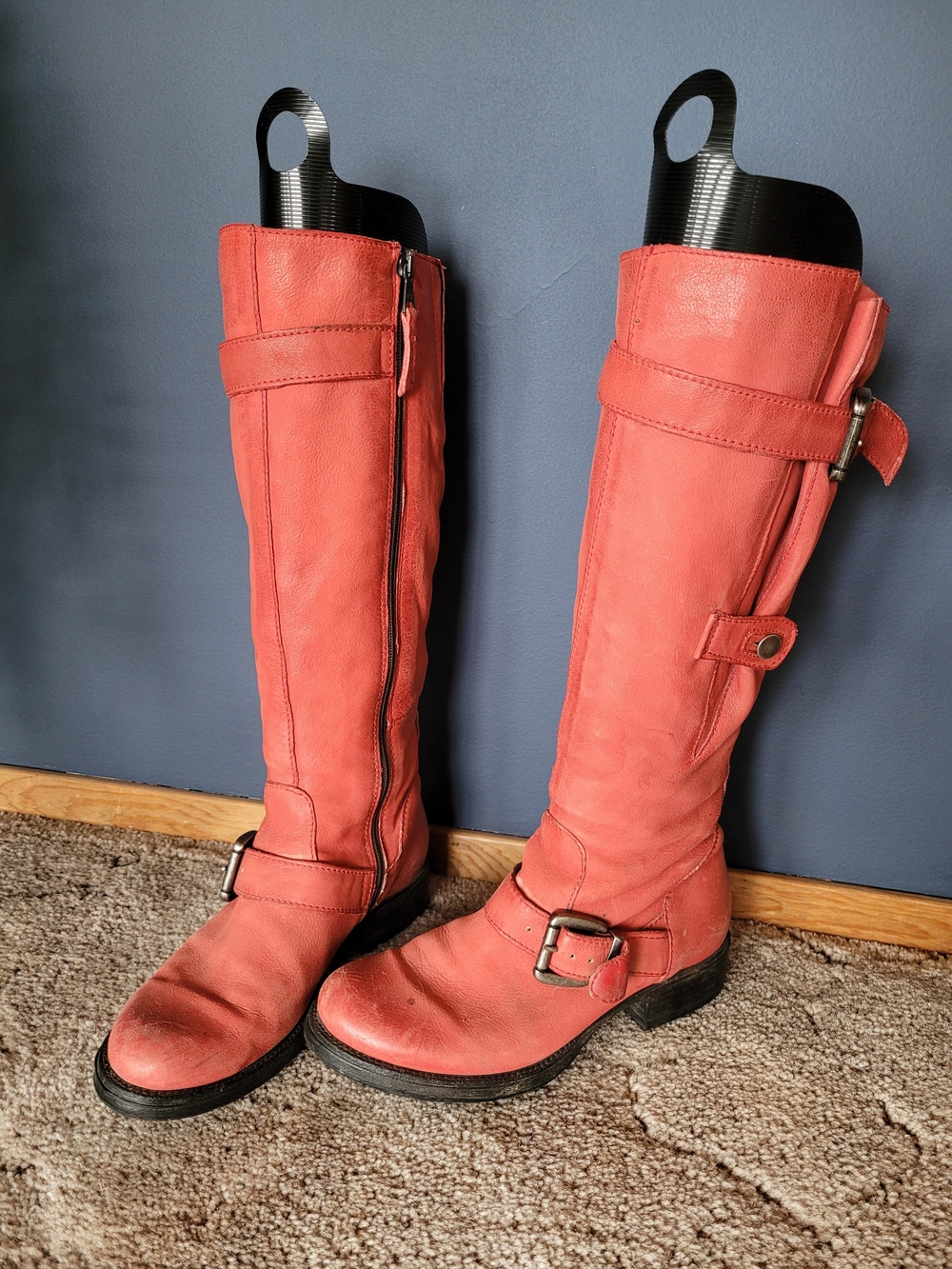 Women's Knee High Buckle Riding Boots - Coral Red